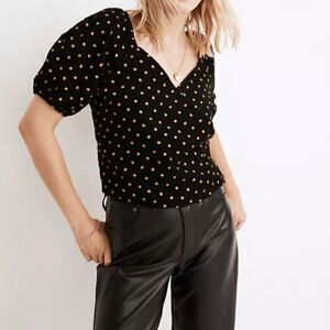 Madewell Corduroy Black Yellow Polka Dot Wrap Top with Puff Sleeve Med